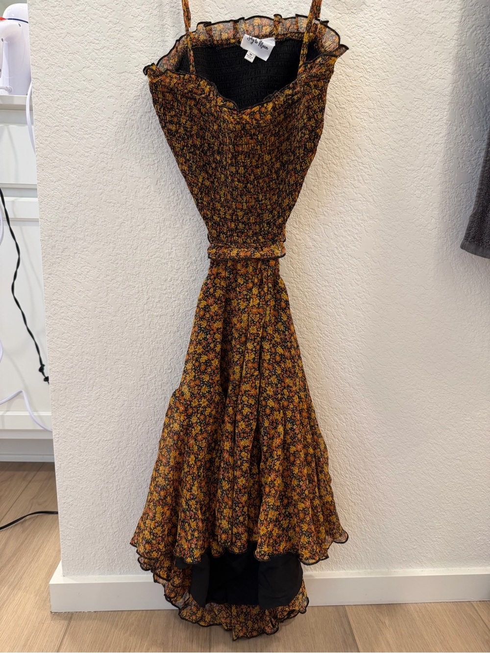 Sky to Moon Floral Smocked Maxi Dress Black and orange